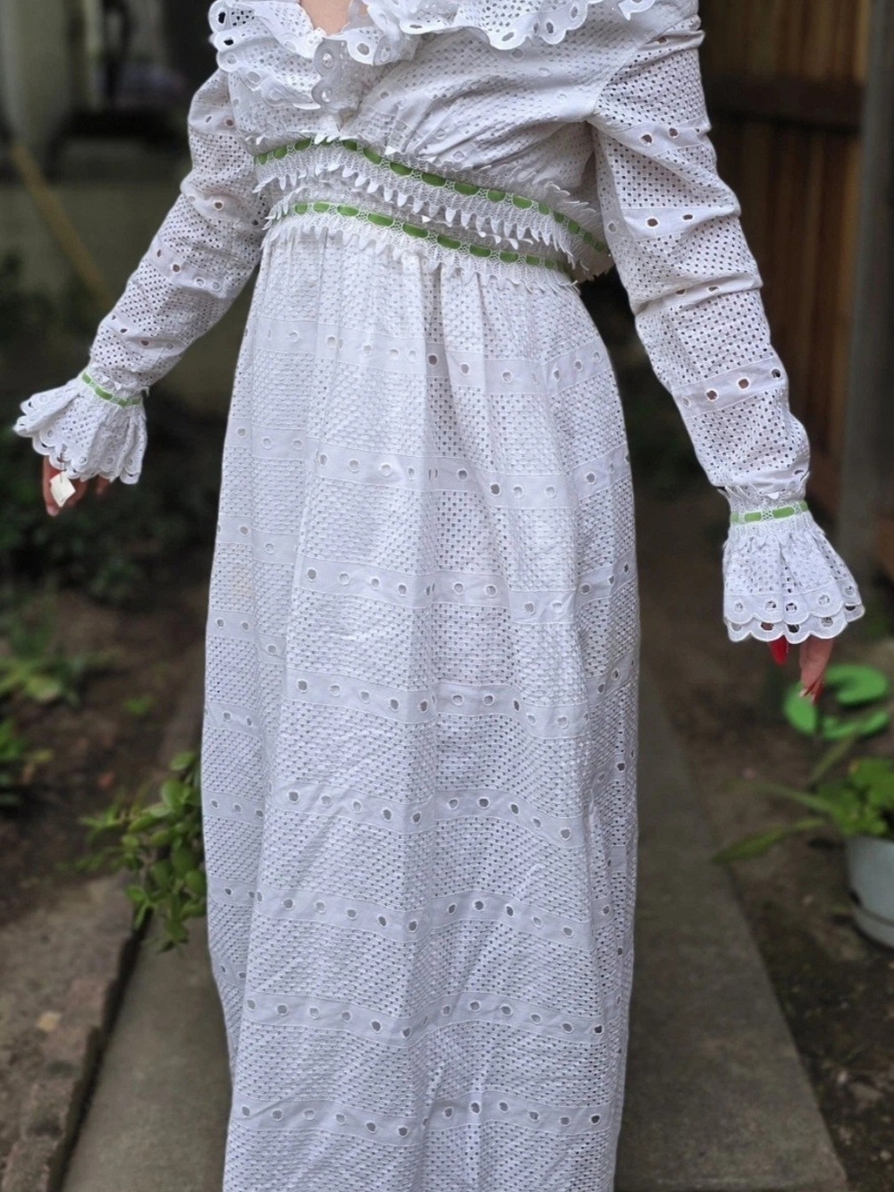 White Eyelet Maxi Dress with Green Trim — Romantic Long Sleeve Maxi